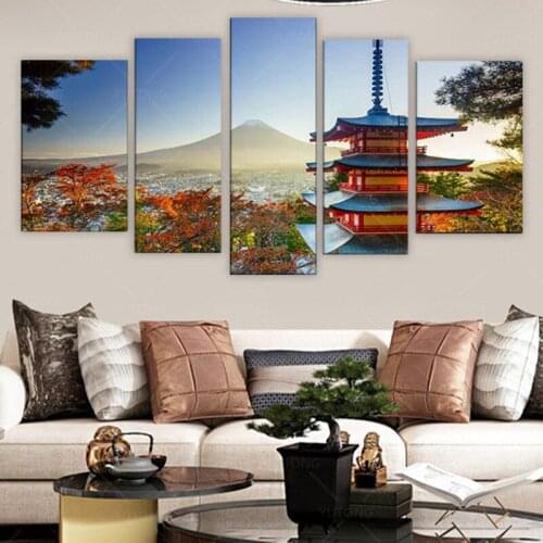 5 Pieces Chureito Pagoda Wall Art Decor Poster Painting On Canvas Print Japan Mount Fuji Landscape in Autumn Framed Picture