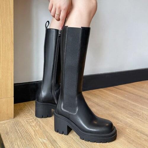 2021 Autumn Winter New Chelsea Boots Female Leather Shoes Women Knight Boot British Style Knee High Boots Thick Heel Long Boots