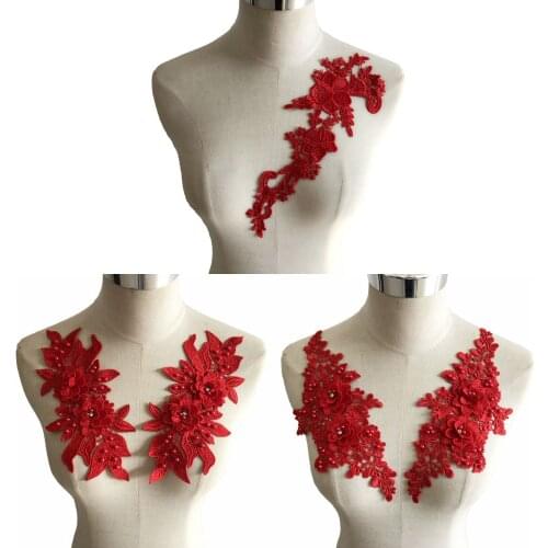 A pair of Red Flowers Polyester Hollow Collar ABS pearl 3D Rhinestone Lace Gray White Belt Craft Material for Sewing Accessories