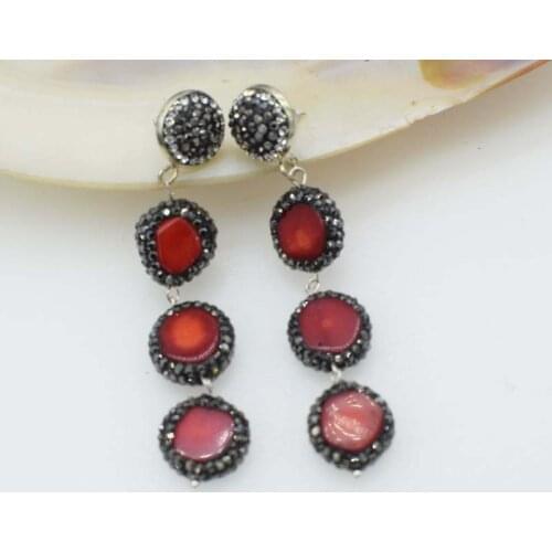 One pair red coral flat zircon earrings tassel 70mm FPPJ wholesale beads nature