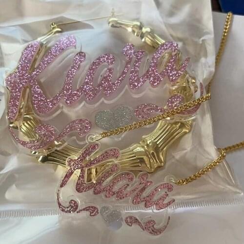 Popular Hip Hop Acrylic Laser Color Custom Name Piercing Earrings Personalized Name Bamboo Hoop Earring For Women Girls Jewerlry