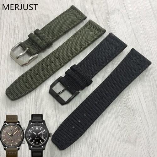 MERJUST 20mm 21mm 22mm Nylon + Genuine Leather men Watchbands Black Green Band Strap With Steel Buckle For Iw379901