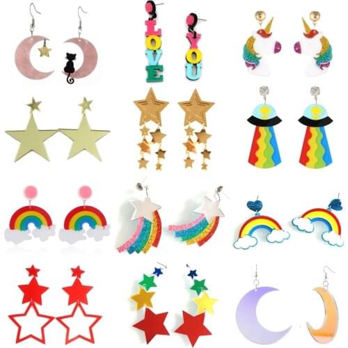 Earrings For Women Rainbow Colour Acrylic Tassel Stars Moon Harajuku Earrings Universe Alien Jewelry Party Friend Gifts New 2021
