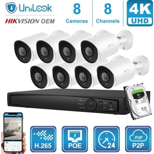 UniLook 8CH NVR 4/6/8Pcs 8MP 4K Bullet POE IP Camera NVR Kit Outdoor Security Systems Night vision Onvif H.265 P2P view NVR Kits