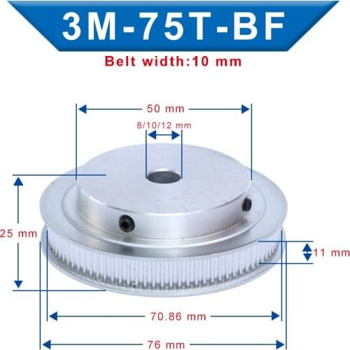 Timing Pulley 3M-75T BF Shape Inner Bore 8/10/12 mm Aluminum Material Pulley Slot Width 11 mm For Width 10 mm 3M-Timing Belt