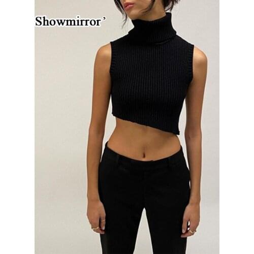 Showmirror Fashion Solid Color Ribbed Knitting Turtleneck Tanks Women Vintage Sleeveless Asymmetrical Crop Top Casual