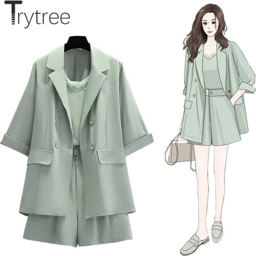Trytree Spring Summer Women Three Piece Sets Casual Silky Suit Jacket + Vest + Wide Leg Shorts Elastic Waist Solid 3 Piece Suit