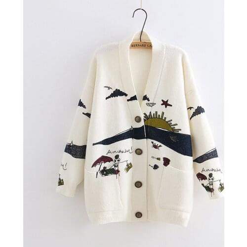 YoYiKamomo Spring Woman Sweater Knitting 2019 New Japanese Mori Girl V-neck Jacquard Cardigan Sweater Winter