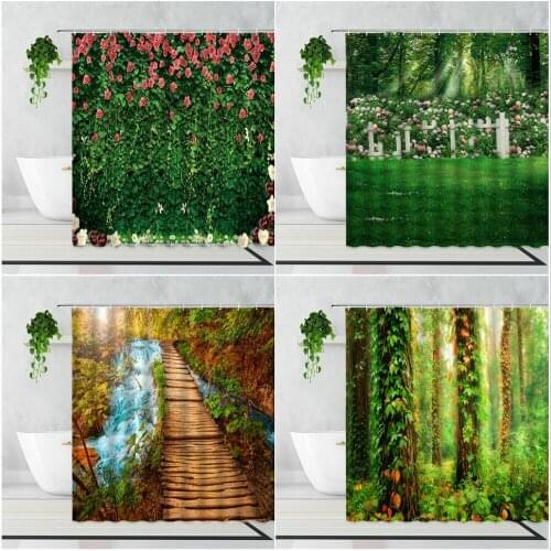 Green Plant Flowers Shower Curtain Garden Forest Path Landscape Home Decor Curtains Waterproof With Hooks Fabric Wall Decoration