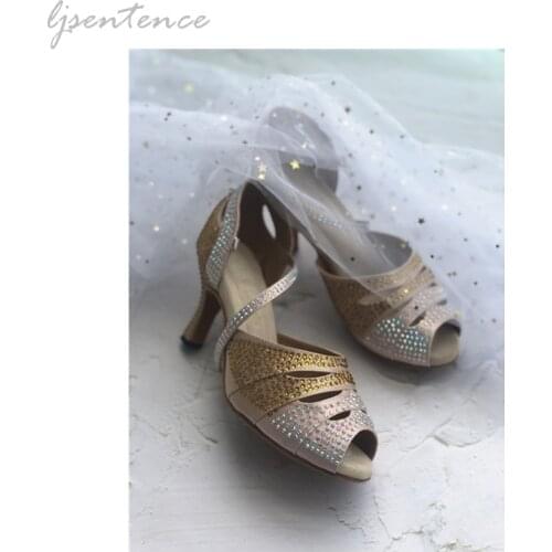 Rhinestone Latin Dance Shoes for Women Pink Light Brown Color Spike Cuban High Heels Soft Sole Flexible Salsa Dancing Shoes