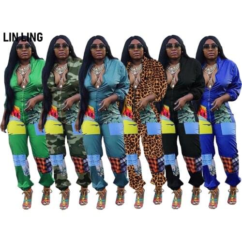 LINLING Fashion Stand Collar Full Sleeve Stitching Printing Zipper Waist Bodycon Band Elastic Jumpsuit Street Lounge Wear