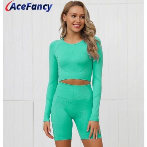 Acefancy Fashion Green Tracksuit Women 2 Piece Set Solid Long Sleeve Crop Tops High Waist Shorts Women Sportswear Suit ZC2426B