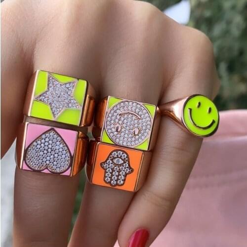 Geometric Square Face Pastel Enamel CZ Star Heart Smile Hamsa Hand Engraved Cocktail Women Finger Ring Adjustable