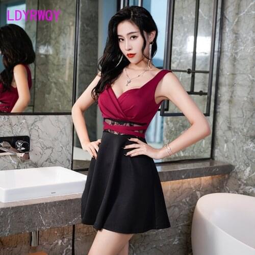 Nightclub womens sexy dress summer new night night low-cut deep V waist waist cover Office Lady Polyester Knee-Length