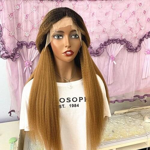 26'' Synthetic Lace Front Yaki Straight Wig Kinky Straight Long Lace Wig Fake Synthetic Hair Frontal Lace ombre Blonde Hair Wig