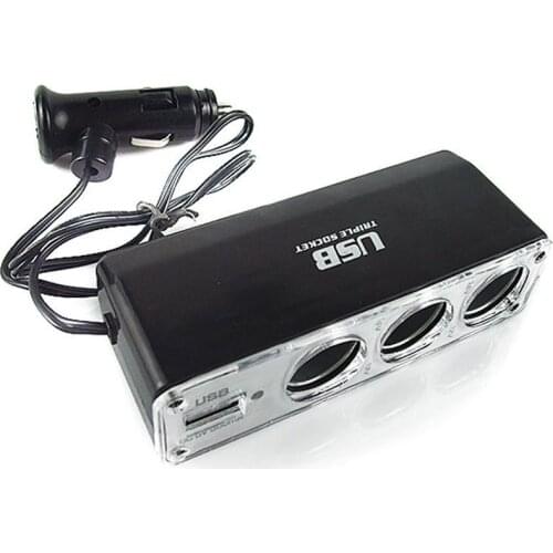 High Quality 3 Way Car Cigarette Lighter Socket Splitter Charger Power Adapter DC+USB Port Plug 12V-24V Free Shipping