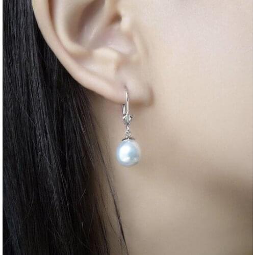 Free Shipping 10-11mm White Real South Sea Pearl Drop Earrings Dangle 14K White Gold