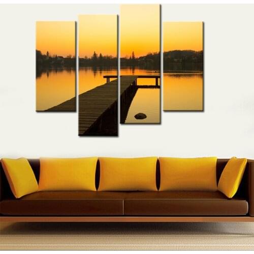 Unframed 4Piece Fashion Modern Canvas Print Painting for Home Decoration Poster Dusk Scenery Wall Art the Wooden Bridge in Lake
