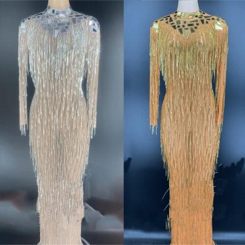 Shining Rhinestone Dress Mesh Fringes Stretch Long Dresses Singer Stage Performance Drag Queen Costumes Festival Clothing XS1046