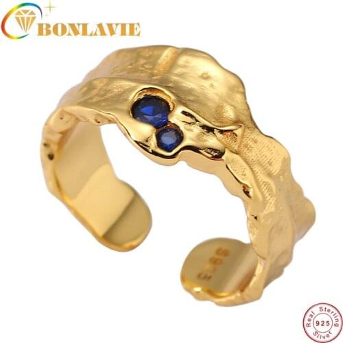 BONLAVIE S925 Sterling Silver Sapphire Texture Ring Gold Irregular Niche Designer Single Ring
