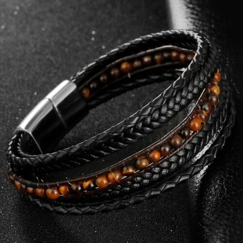ZG Stainless Steel Bracelet Magnetic Buckle Leather Mens Bracelets Hand-woven Natural Stone Accessories Jewelry Black