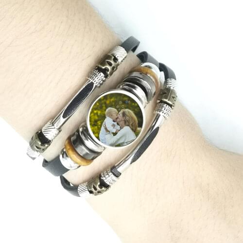 Style Black Punk Style Leather Snap Buckle Glass Custom Bracelet Baby Children Parents Siblings Friends Art Photo Customization