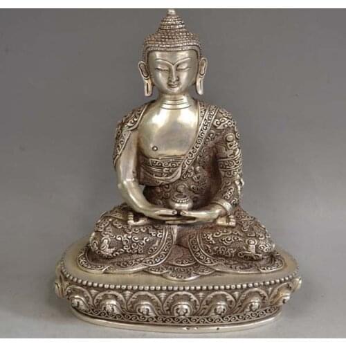 Elaborate Chinese Old Tibetan Silver Buddhism Sakyamuni Buddha Statue metal handicraft