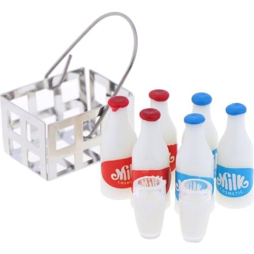 Kwaii Kids Toys 1Set 1/12 Scale White Milk Basket And Milk Bottle Doll House Food Furniture Toys Miniature Doll House Toys