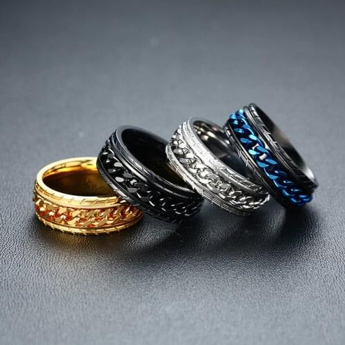 Modyle Stylish Mens Spinner Rings 8MM Stainless Steel Intertwine Rings for Men Center Chain Anel Alliance Black/Blue Color