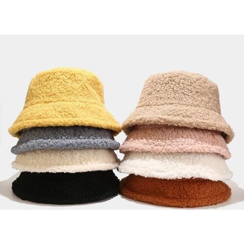 Lamb Faux Fur Bucket Hat Winter Warm Teddy Velvet Hats Caps For Women Lady Outdoor Panama Fisherman Hat