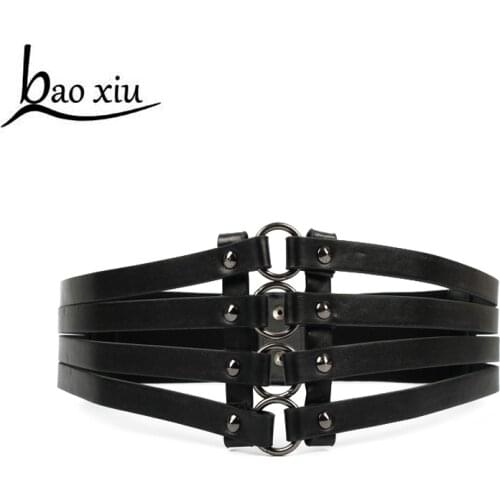 Women metal wide belt flower PU Leather girl belt alloy elastic lady multilayer belts Vintage Leather Strap Buckle belt