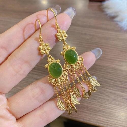 S925 Sterling Silver Gold Plated Hetian Jade Gray Jade Tassel Earrings Personalized Long Womens Earrings Eardrops Earrings