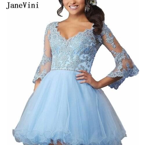 JaneVini Elegant Light Sky Blue Homecoming Dresses Puffy Sleeve V Neck Lace Appliques Beaded Open Back Evening Short Tulle Dress