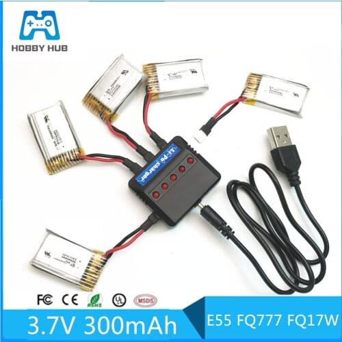 High Quality 5pcs 3.7V 300mAh 45C For E55 FQ777 FQ17W Battery With 1 to 5 Charger Cable For RC Quadcopter Spare Part