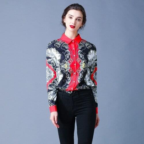 Top mujer blusa Femme Floral Printing Black Red blouse women Turn Down Collar blusas mujer de moda Long Sleeves chemisier shirt