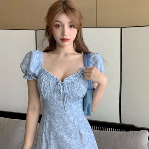 Women Floral Square Neck Lace Up Dresses Slim Short Ruffle Sleeves Dresses Women Party Chic Casual Dress