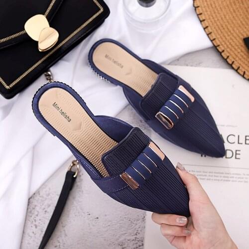 Women Pointed Toe Mules 2020 Woman Slippers Womens Fashion Metal Decoration Ladies Casual Low Heels Female Outdoor Shoes rty67