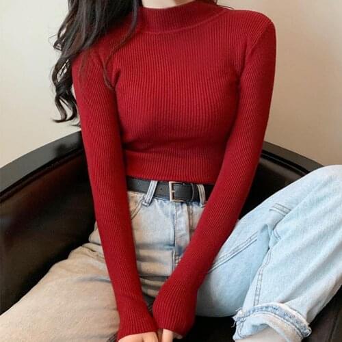 Women Autumn Winter Knitwear Long Sleeve Mock Neck Ribbed Slim Sweater Blouse