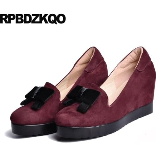 High Heels Increase 8cm Size 4 34 33 Kawaii Wedge Bow 2021 Round Toe Wine Red Pumps Ladies Shoes Black Suede Genuine Leather