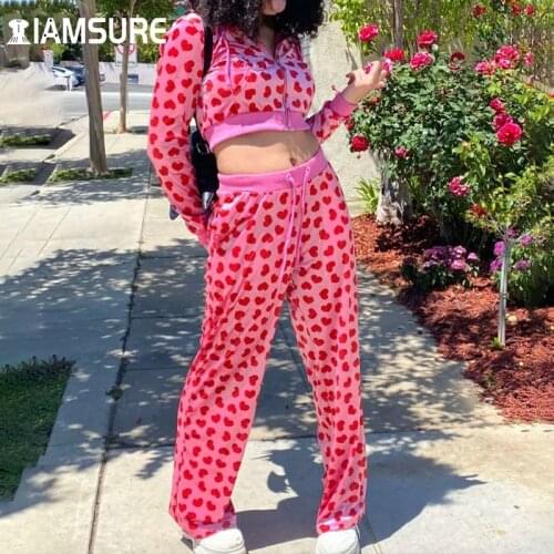 IAMSURE Heart Shape Printed Pants Set Women Sweeet Casual 2 Pieces Sets Hooded Y2K Long Sleeve Crop Top High Waisted Trousers