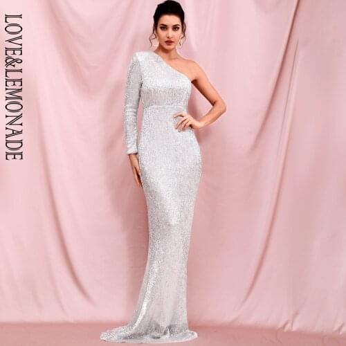 LOVE & LEMONADE Sexy Silver Strapless Single Sleeve Bodycon Elastic Sequin Maxi Dress LM82393