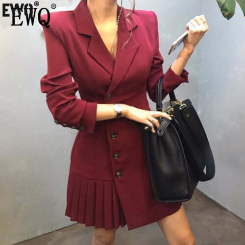 [EWQ] 2021 Spring Fashion Clothing Turn-down Collar Full Sleeves Single Breasted Pleated OL Red Jacket Dress Slim Blzer Dresses