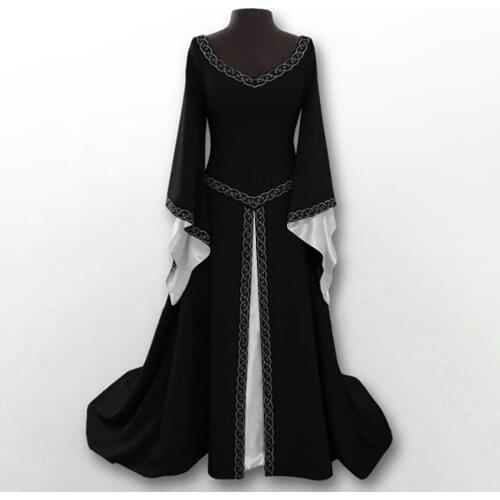 Womens Long Sleeve Dress V-neck Medieval Floor Length Cosplay Dress Butterfly Sleeve Fashion Stitching Dress Elbise #G3