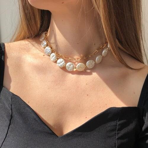 Gold Double Necklaces Fashion Naszyjnik Alloy Chain Lrregular Simulated Baroque Pearl Choker Necklaces For Women Jewelry