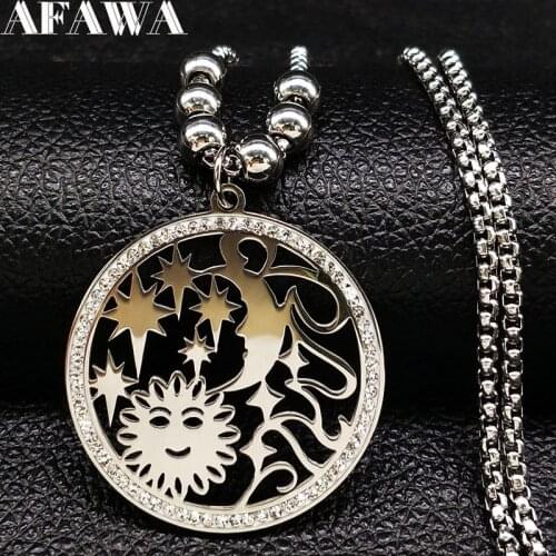 2021 Fashion Long Crystal Stainless Steel Necklace for Women Sun Moon Silver Color Chain Necklaces Jewelry collar mujer N18454
