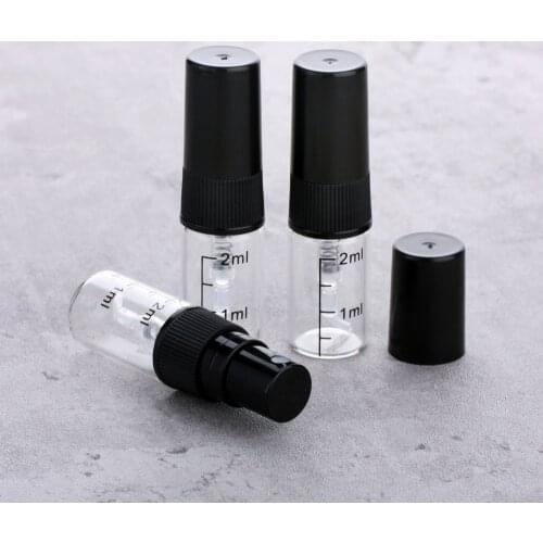 50pcs/lot 2ML Portable Refillable Glass Perfume Sample Bottle Mini plastic sprayer with scale black