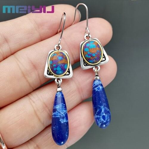 Bohemian Creative Gemstone Pendant Earrings Antique Lapis Lazuli Pendants Cloud Water Drop Shaped Jewel Earrings Female Jewelry