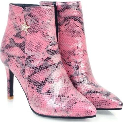 Big Size Side zipper pointed thick high heel Martin Boots Fashionable snake pattern short leather shoes