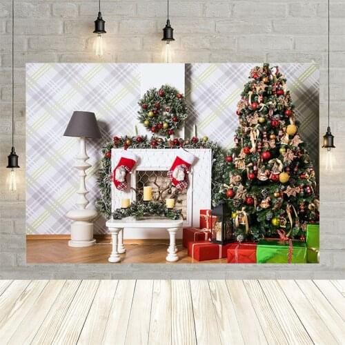 Avezano Happy Christmas Tree Winter Background Mistletoe Wreath Gift Fireplace Decoration Backdrops For Photo Studio Photophone