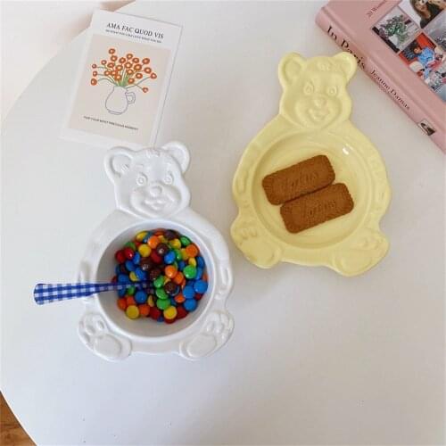 Ceramic Bear Bowl Cartoon Bear Dessert Plate Bowl Dishes Korean Style Dessert Flat Soup Bowl Breakfast Salad Tray